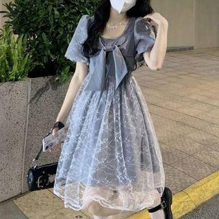 Puff-sleeve Bow Panel Lace Mesh Dress