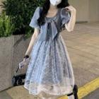 Puff-sleeve Bow Panel Lace Mesh Dress
