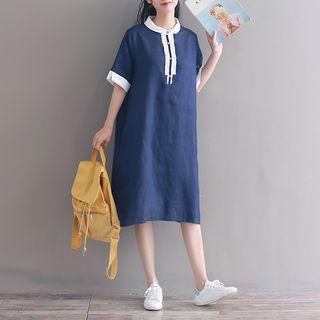 Contrast Trim Elbow-sleeve Shirt Dress