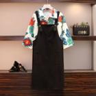 Set: 3/4-sleeve Floral Print Shirt + Jumper Dress