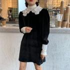Long-sleeve Collar Velvet Mini A-line Dress Black - One Size