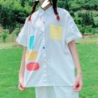 Elbow-sleeve Print Color Block Shirt