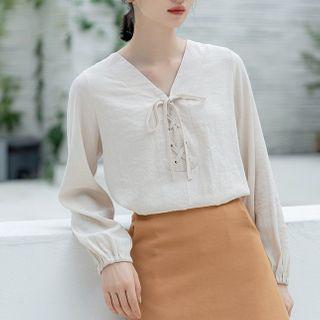 V-neck Lace-up Blouse Almond - One Size