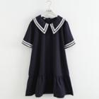Short-sleeve Sailor-collar Midi Dress Navy Blue - One Size