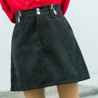 Flower Embroidered Corduroy A-line Skirt