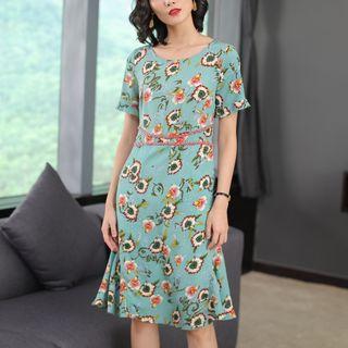 Flower Print Short-sleeve Ruffle Hem Sheath Dress