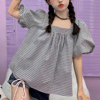 Puff-sleeve Square Neck Gingham Blouse Gingham - Black & White - One Size