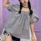 Puff-sleeve Square Neck Gingham Blouse Gingham - Black & White - One Size
