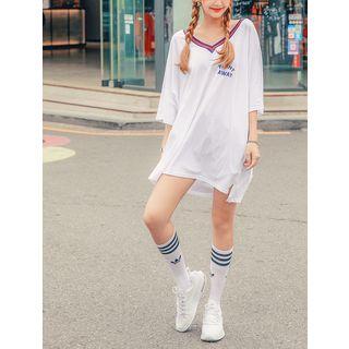 Plus Size Striped V-neck Loose-fit Long T-shirt