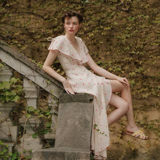 Dotted Ruffled V-neck Maxi A-line Dress