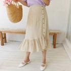 Frill-hem Linen Blend Midi Skirt