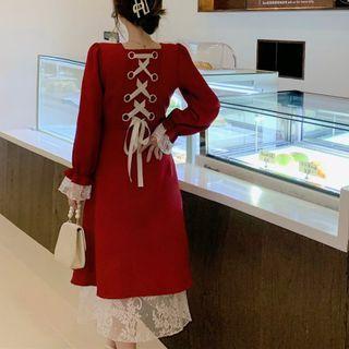Flared-cuff Lace-up Back Midi A-line Dress