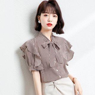 Short-sleeve Ruffle Trim Bow Panel Plaid Chiffon Blouse