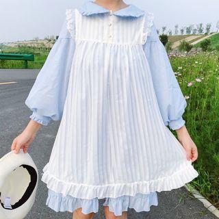Peter-pan-collar 3/4-sleeve A-line Dress / Lace Trim Tank Dress