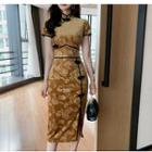 Velvet Flower Print Side-slit Short-sleeve Qipao
