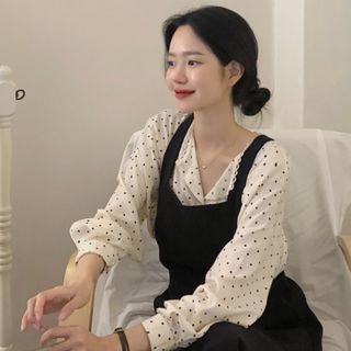 Long-sleeve Polka Dot Shirt / Sleeveless A-line Midi Dress