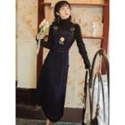 Set: Turtleneck Long-sleeve T-shirt + Flower Embroidered Midi Denim Jumper Dress