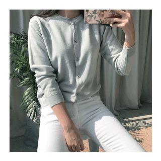 Set: Short-sleeve Knit Top + Round-neck Cardigan