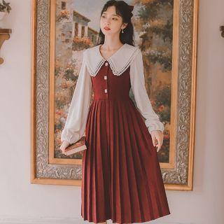 Long-sleeve Peter Pan Collar Pleated Midi A-line Dress