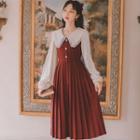 Long-sleeve Peter Pan Collar Pleated Midi A-line Dress