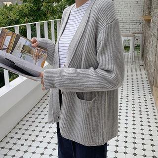 V-neck Ribbed Cardigan Gray - One Size