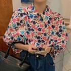 Puff-sleeve Floral Blouse Beige & Red & Purple - One Size