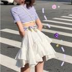 Short-sleeve Striped Open-back Top / Mini Layered Skirt