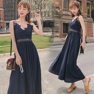 Lace Panel Strappy Maxi Chiffon Dress