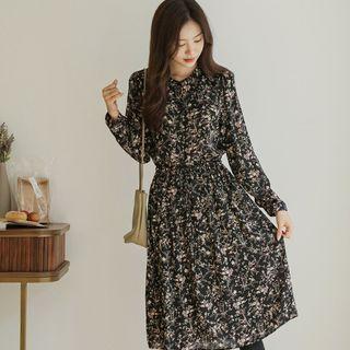 Mandarin-collar Midi Floral Dress Black - One Size