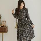 Mandarin-collar Midi Floral Dress Black - One Size