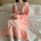 Oversized Fleece Square-neck Lace Trim Long-sleeve Sleep Dress