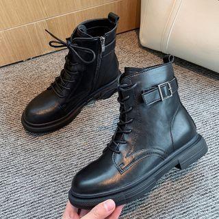Lace-up Belted Faux-leather Short Boots