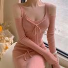 Long-sleeve Cold Shoulder Dress Pink - One Size