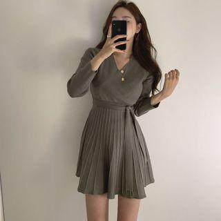 V-neck Tie-waist A-line Mini Knit Dress
