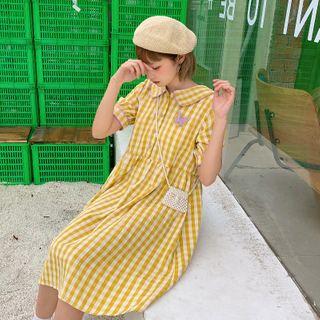 Plaid Butterfly Applique Short-sleeve Mini A-line Dress Check - One Size
