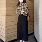 Long-sleeve Plaid Shirt / Slit Midi Pencil Skirt / Set