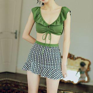 Set: Drawstring Bikini Top + Patterned Swim Skirt