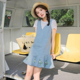 Embroidered Ruffle Hem Denim Pinafore Dress