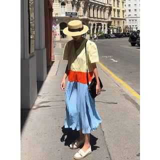 Color-block Pleated-hem Long Wrap Dress