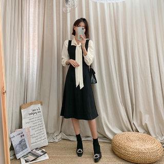 Set: Beribboned Blouse + Pinafore Dress