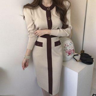 Set: Contrast Trim Knit Cardigan + Midi Pencil Skirt