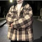 Front Pocket Hooded Plaid Button Jacket