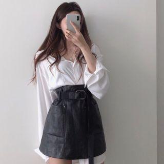 High Waist Faux Leather A-line Skirt