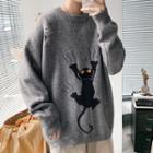 Distressed Cat Print Sweater