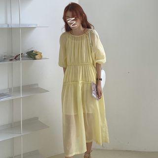 Set: Balloon-sleeve Midi A-line Dress + Slipdress Set - Light Yellow - One Size