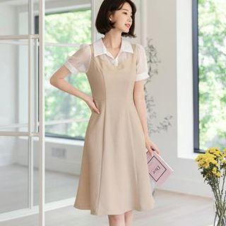 Inset Sheer Blouse Flared Dress