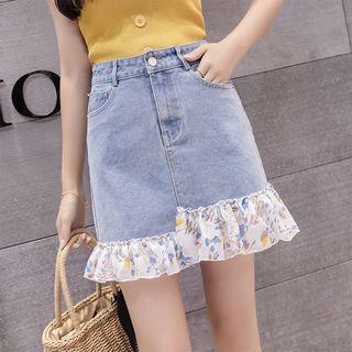 Ruffle Trim A-line Denim Skirt