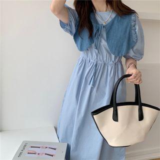 Set: Puff-sleeve Plain Dress + Ruffle Shawl