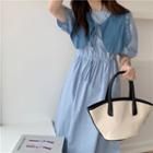 Set: Puff-sleeve Plain Dress + Ruffle Shawl