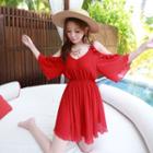 Cold Shoulder Elbow-sleeve Playsuit Red - S